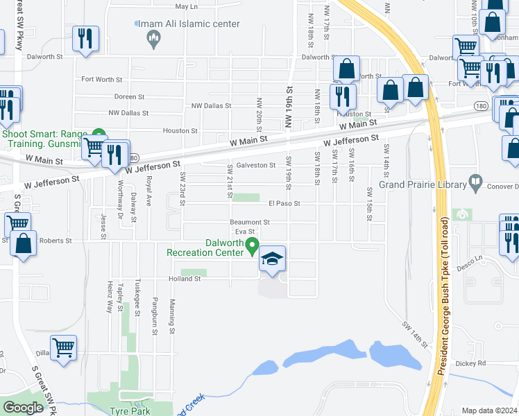 map of restaurants, bars, coffee shops, grocery stores, and more near 2001 El Paso Street in Grand Prairie