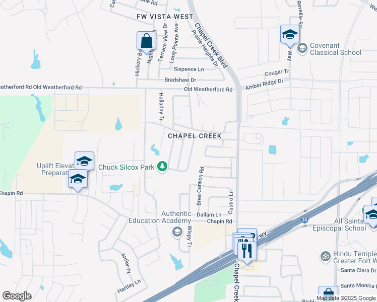 map of restaurants, bars, coffee shops, grocery stores, and more near 2428 Ensenada Lane in Fort Worth