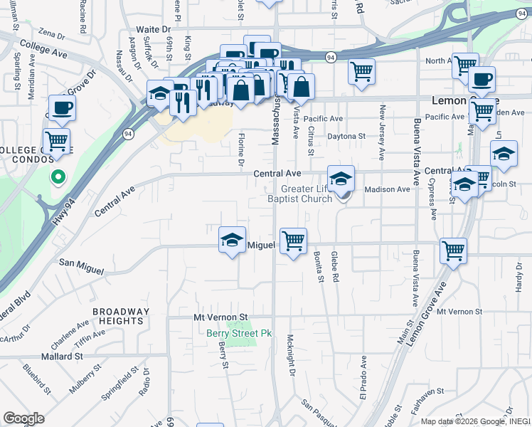 map of restaurants, bars, coffee shops, grocery stores, and more near 2828 Massachusetts Avenue in Lemon Grove