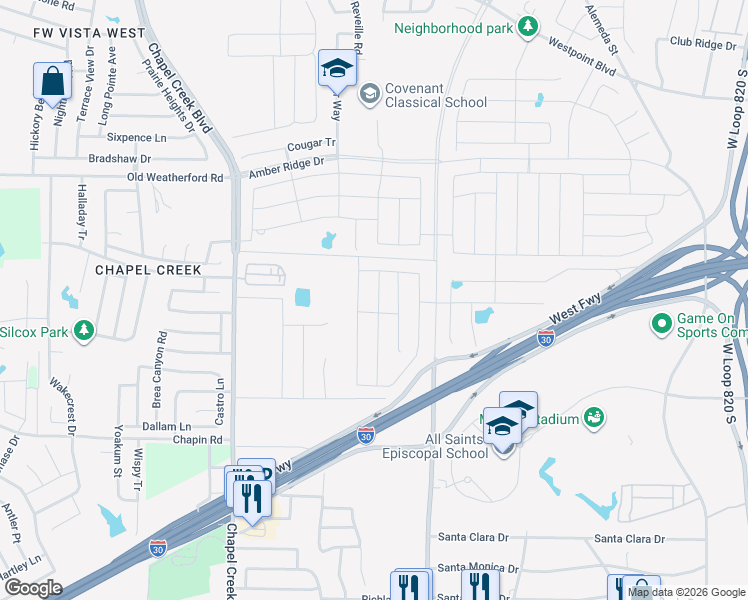 map of restaurants, bars, coffee shops, grocery stores, and more near 9601-10099 Old Weatherford Road in Fort Worth