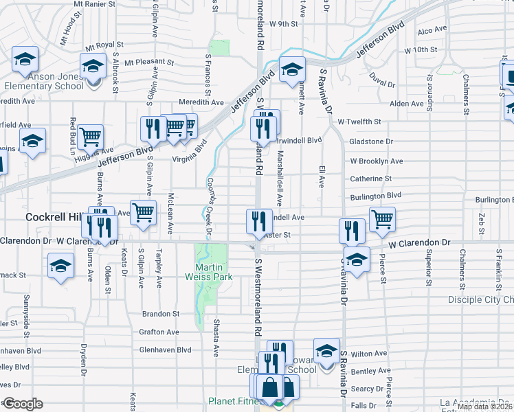 map of restaurants, bars, coffee shops, grocery stores, and more near S Westmoreland Rd & Burlingdell Ave in Dallas