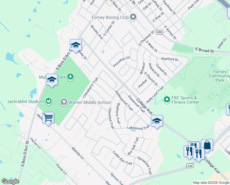 map of restaurants, bars, coffee shops, grocery stores, and more near 126 Elmwood Trail in Forney