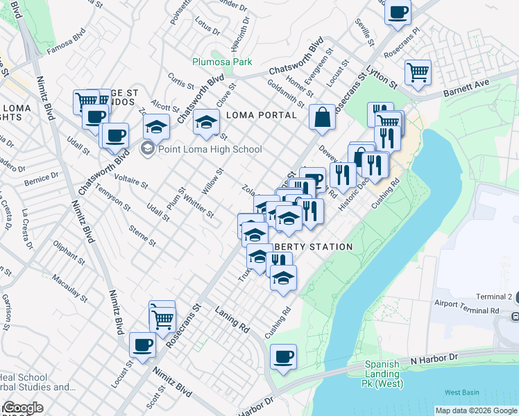 map of restaurants, bars, coffee shops, grocery stores, and more near 2360 Rosecrans Street in San Diego