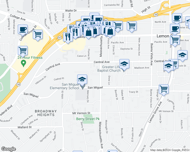 map of restaurants, bars, coffee shops, grocery stores, and more near 2820 Massachusetts Avenue in Lemon Grove