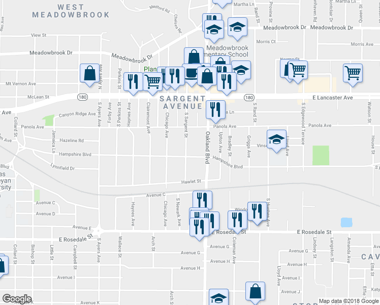 map of restaurants, bars, coffee shops, grocery stores, and more near 709 South Sargent Street in Fort Worth