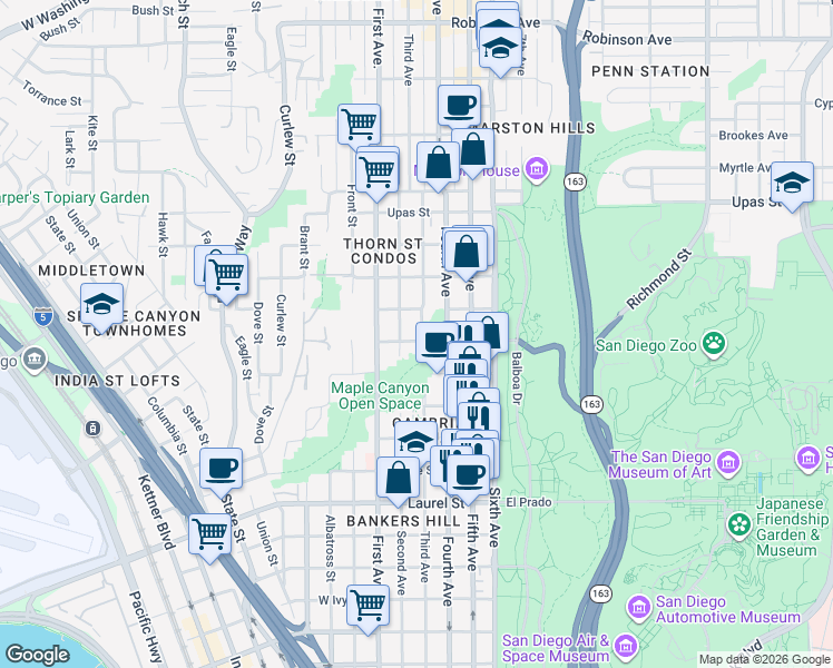 map of restaurants, bars, coffee shops, grocery stores, and more near in San Diego