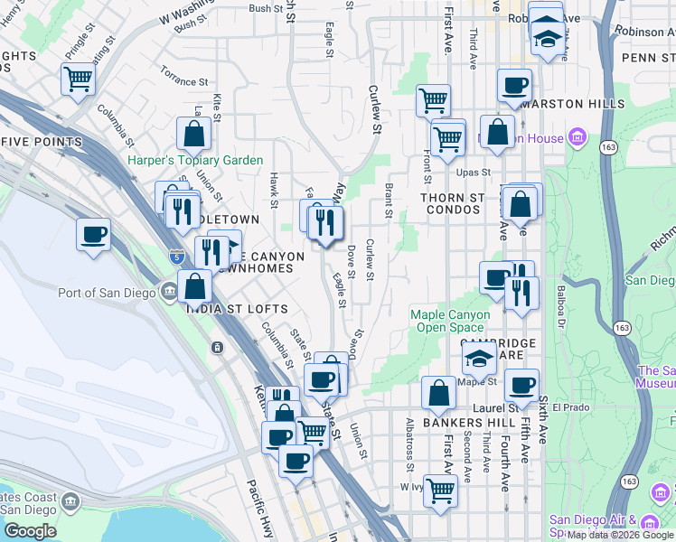 map of restaurants, bars, coffee shops, grocery stores, and more near 3067 Reynard Way in San Diego