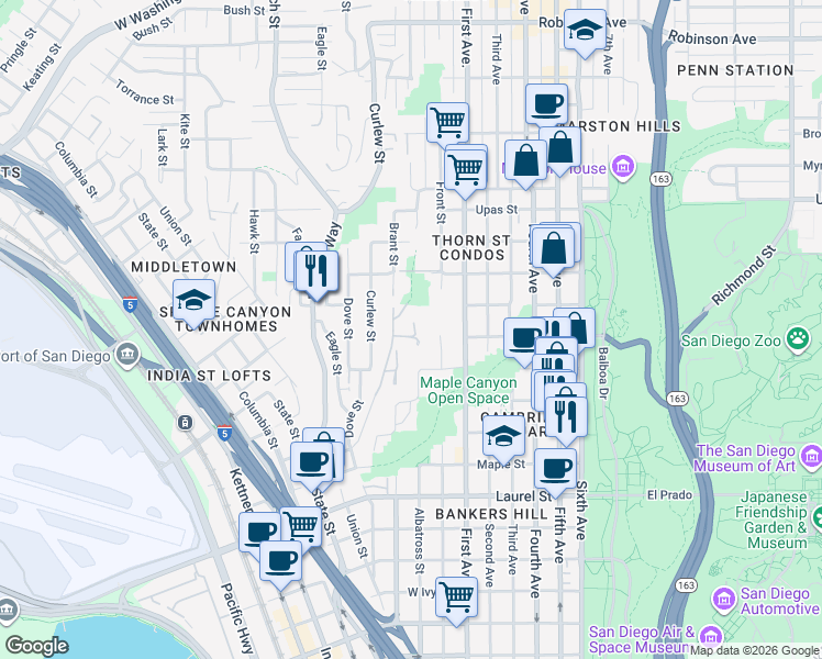 map of restaurants, bars, coffee shops, grocery stores, and more near 3070 North Arroyo Drive in San Diego