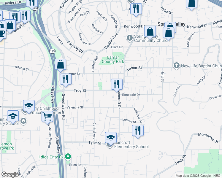 map of restaurants, bars, coffee shops, grocery stores, and more near 8932 Troy Street in Spring Valley