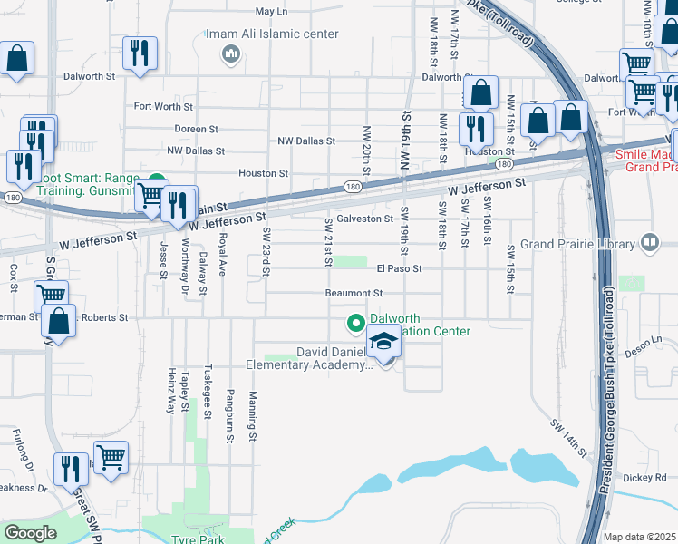 map of restaurants, bars, coffee shops, grocery stores, and more near 2039 El Paso Street in Grand Prairie
