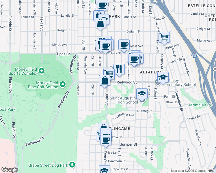 map of restaurants, bars, coffee shops, grocery stores, and more near 15 30th Street in San Diego