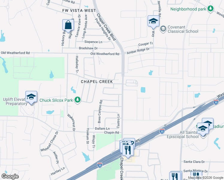 map of restaurants, bars, coffee shops, grocery stores, and more near 10229 Eureka Springs Court in Fort Worth