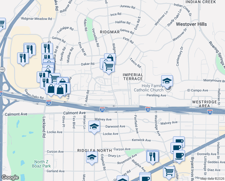 map of restaurants, bars, coffee shops, grocery stores, and more near 2300 Ridgmar Boulevard in Fort Worth