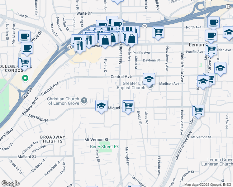 map of restaurants, bars, coffee shops, grocery stores, and more near 2828 Massachusetts Avenue in Lemon Grove