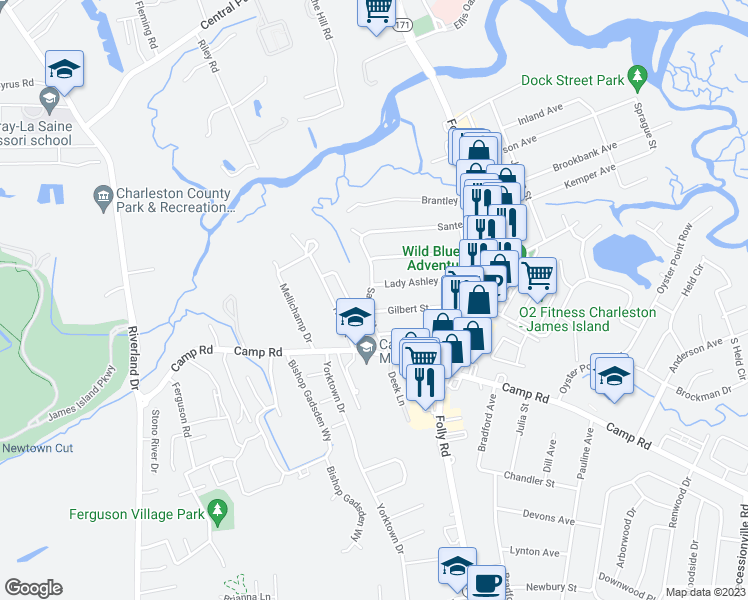 map of restaurants, bars, coffee shops, grocery stores, and more near 842 Santee Street in Charleston