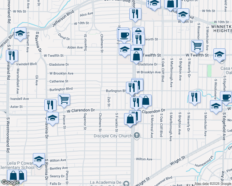map of restaurants, bars, coffee shops, grocery stores, and more near 2507 Burlington Boulevard in Dallas