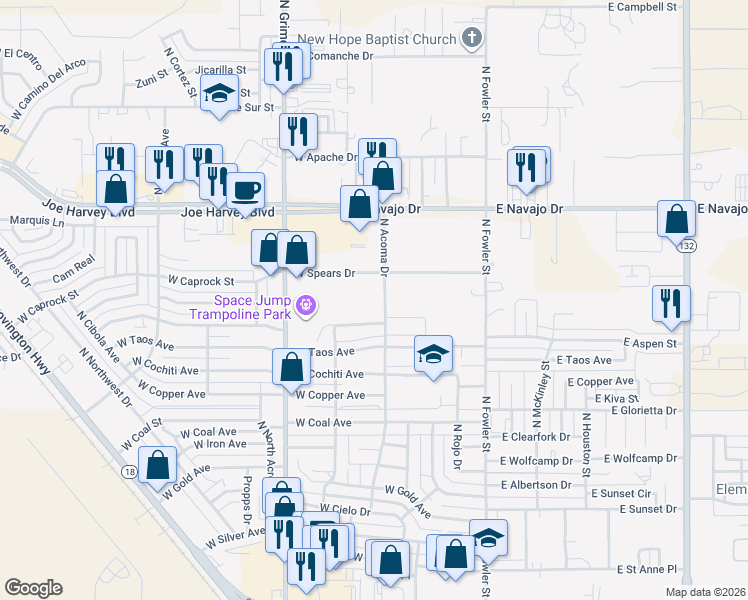 map of restaurants, bars, coffee shops, grocery stores, and more near 500 West Spears Drive in Hobbs