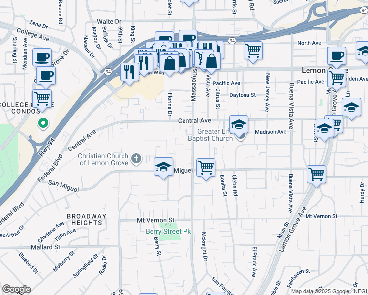 map of restaurants, bars, coffee shops, grocery stores, and more near 2896 Massachusetts Avenue in Lemon Grove