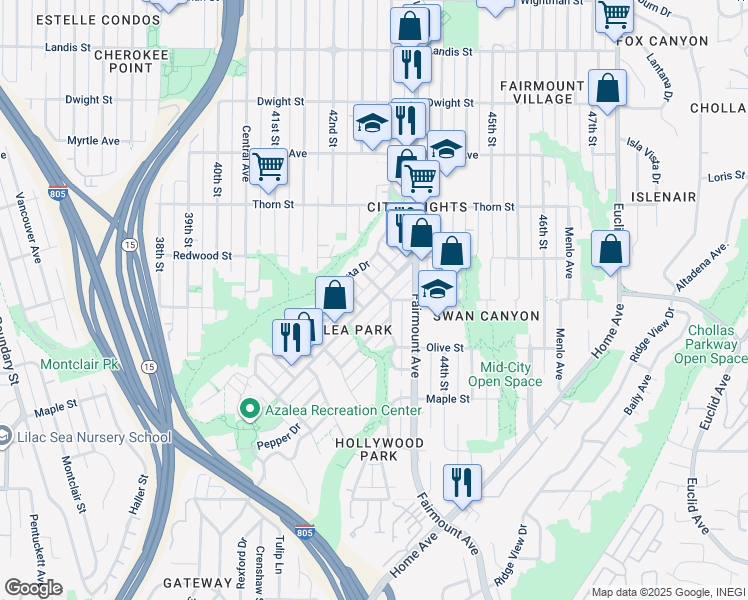 map of restaurants, bars, coffee shops, grocery stores, and more near 2931 1/2 Dahlia Street in San Diego