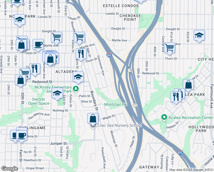 map of restaurants, bars, coffee shops, grocery stores, and more near 3034 Vancouver Avenue in San Diego