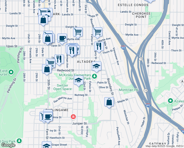map of restaurants, bars, coffee shops, grocery stores, and more near 3352 Redwood Street in San Diego