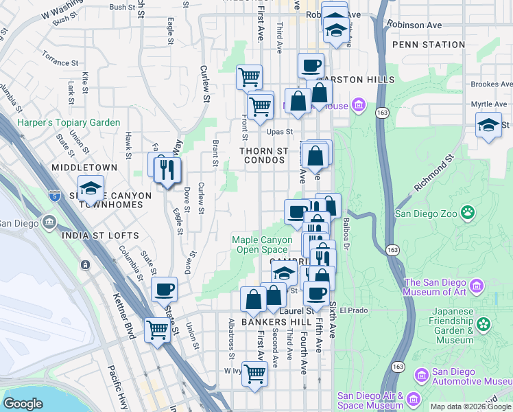map of restaurants, bars, coffee shops, grocery stores, and more near 3070 2nd Avenue in San Diego