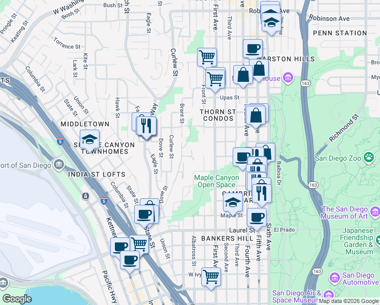 map of restaurants, bars, coffee shops, grocery stores, and more near 3070 North Arroyo Drive in San Diego