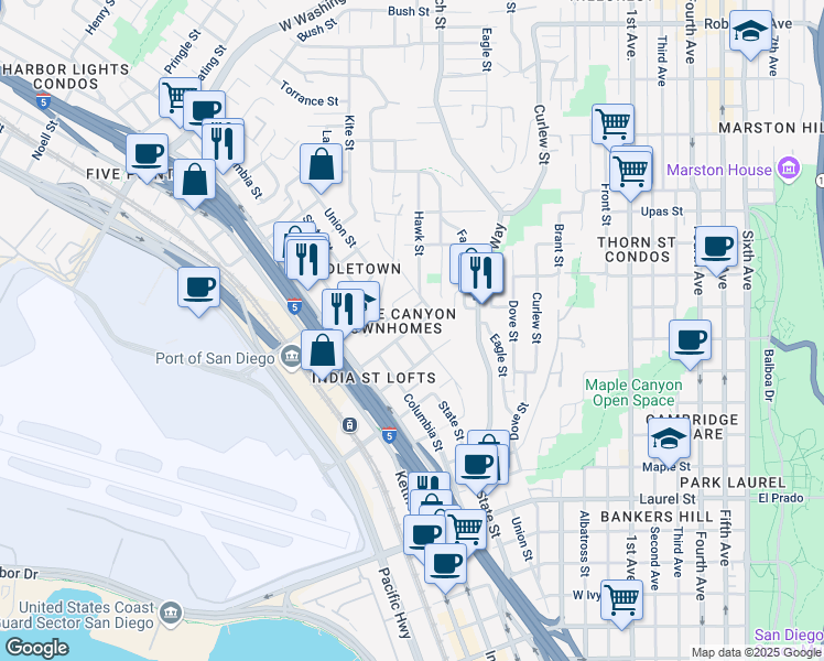 map of restaurants, bars, coffee shops, grocery stores, and more near 1075 West Spruce Street in San Diego