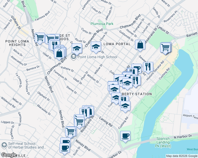 map of restaurants, bars, coffee shops, grocery stores, and more near 3226 Xenophon Street in San Diego