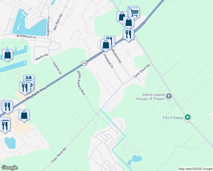 map of restaurants, bars, coffee shops, grocery stores, and more near 1851 Grover Road in Johns Island