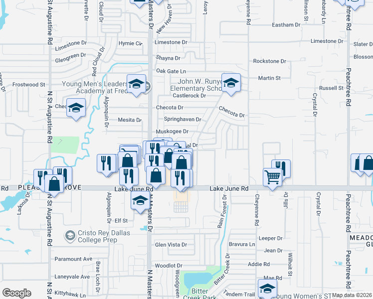 map of restaurants, bars, coffee shops, grocery stores, and more near 1483 Old Jamestown Court in Dallas