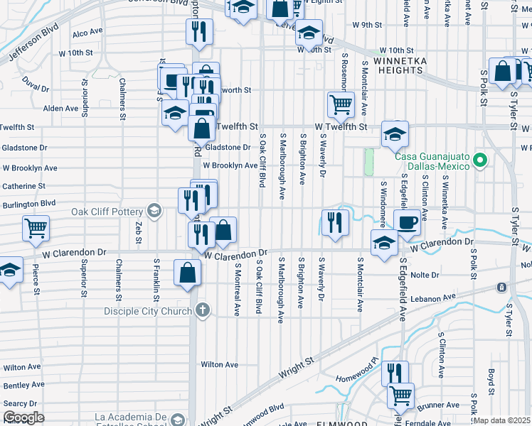 map of restaurants, bars, coffee shops, grocery stores, and more near 823 South Marlborough Avenue in Dallas