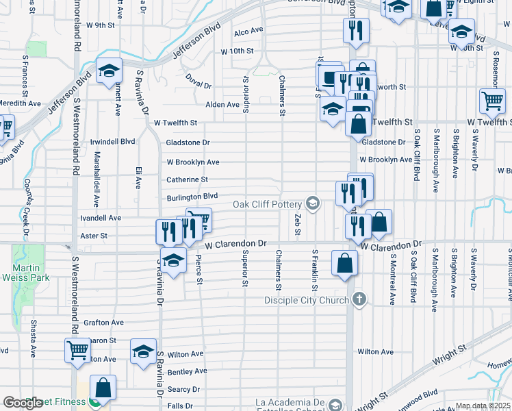 map of restaurants, bars, coffee shops, grocery stores, and more near 2631 Burlington Boulevard in Dallas