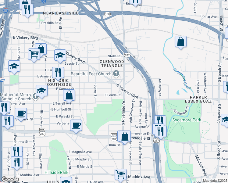 map of restaurants, bars, coffee shops, grocery stores, and more near 1645 East Cannon Street in Fort Worth