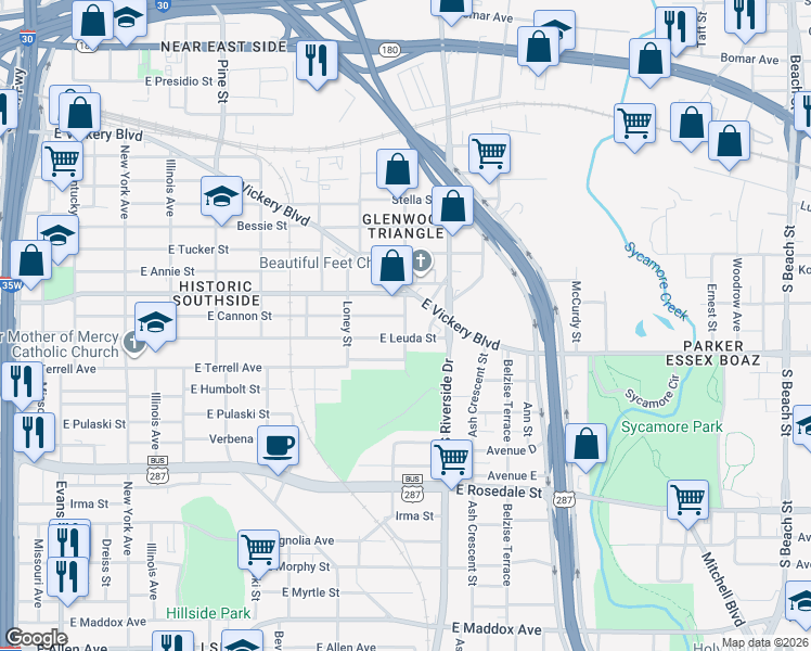map of restaurants, bars, coffee shops, grocery stores, and more near 1645 East Cannon Street in Fort Worth