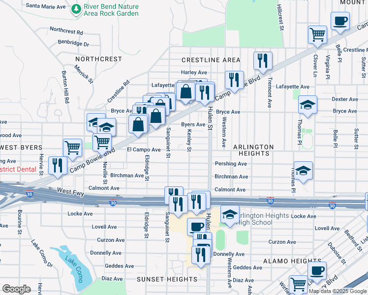 map of restaurants, bars, coffee shops, grocery stores, and more near 4725 Collinwood Avenue in Fort Worth