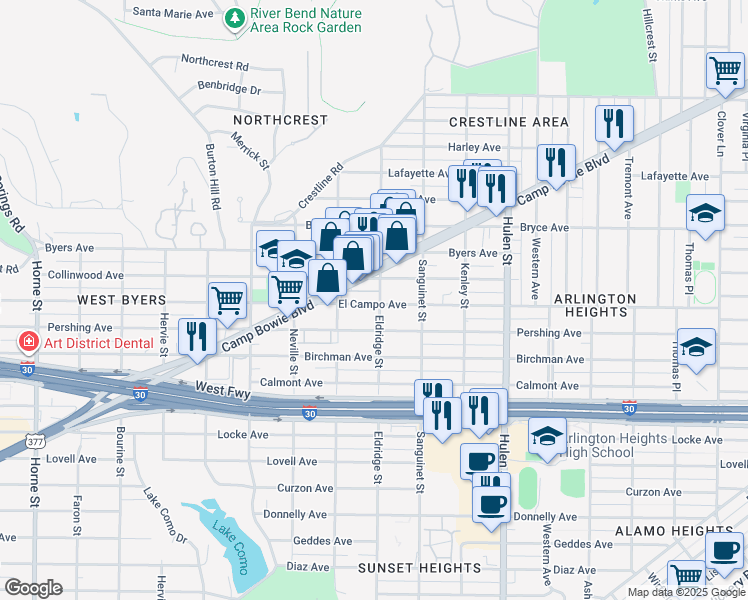 map of restaurants, bars, coffee shops, grocery stores, and more near 4907 Camp Bowie Boulevard in Fort Worth