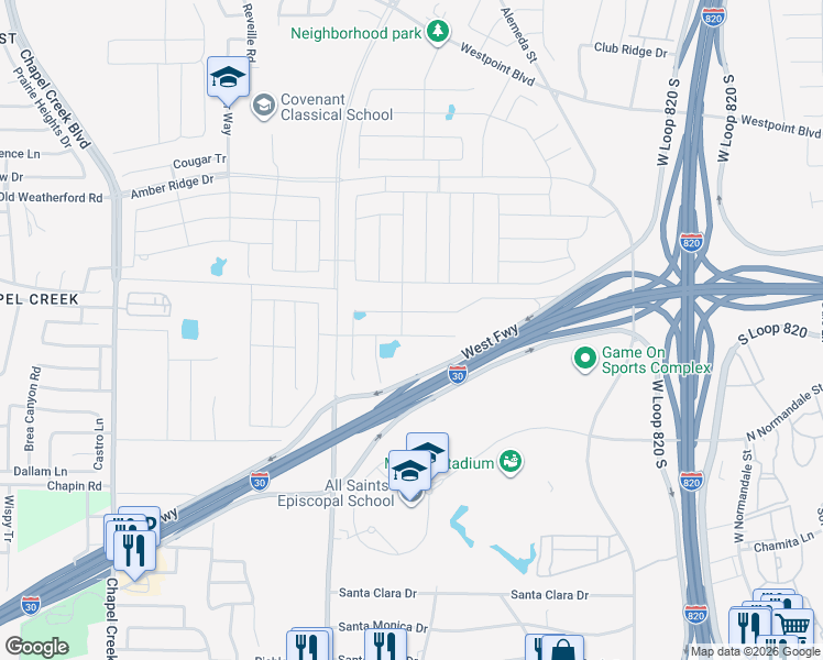 map of restaurants, bars, coffee shops, grocery stores, and more near 9600 West Freeway in Fort Worth