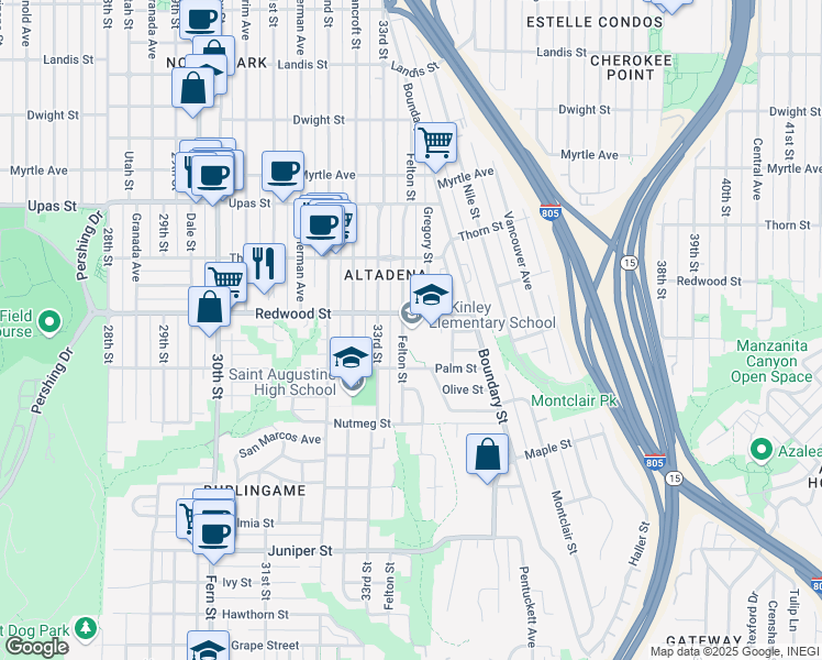 map of restaurants, bars, coffee shops, grocery stores, and more near 3045 Felton Street in San Diego