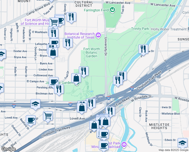 map of restaurants, bars, coffee shops, grocery stores, and more near Rock Springs Road in Fort Worth