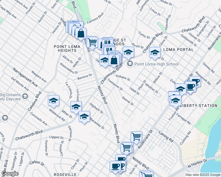 map of restaurants, bars, coffee shops, grocery stores, and more near 3612 Quimby Street in San Diego