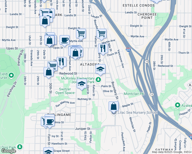 map of restaurants, bars, coffee shops, grocery stores, and more near 3045 Felton Street in San Diego