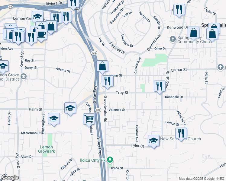 map of restaurants, bars, coffee shops, grocery stores, and more near 8638 Troy Street in Spring Valley