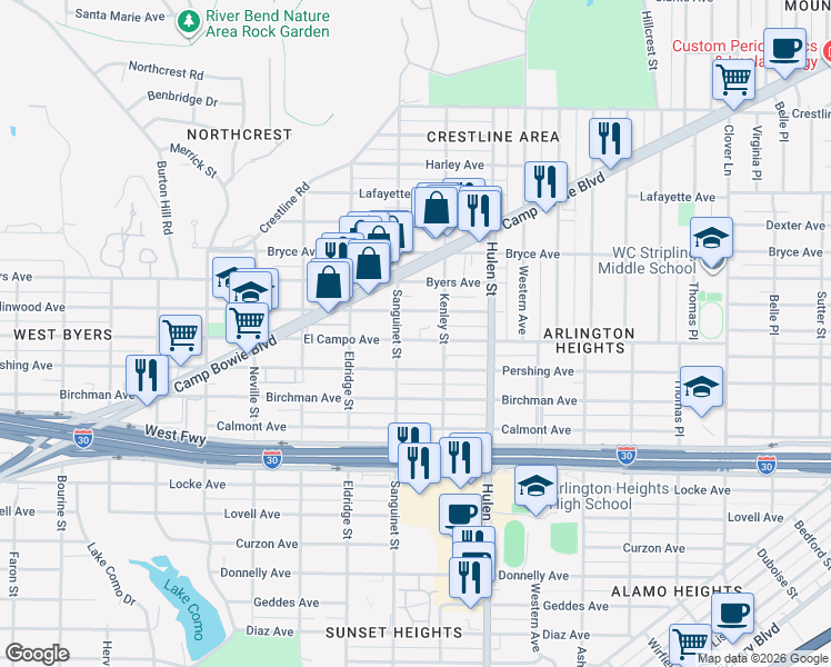 map of restaurants, bars, coffee shops, grocery stores, and more near 4722 El Campo Avenue in Fort Worth