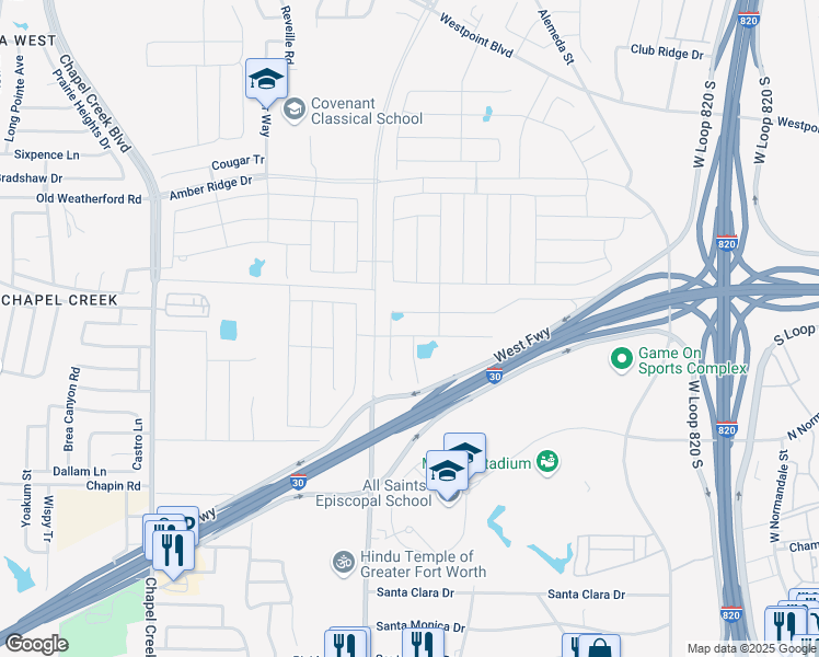 map of restaurants, bars, coffee shops, grocery stores, and more near 9736 Hickory Knob Drive in Fort Worth