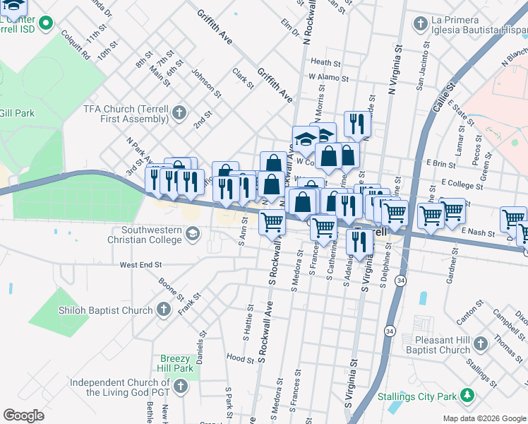 map of restaurants, bars, coffee shops, grocery stores, and more near 103 North Hattie in Terrell