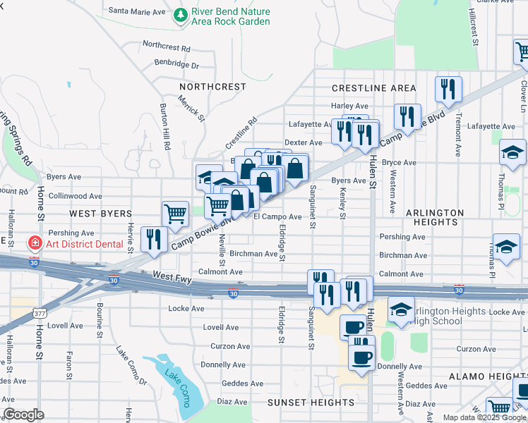 map of restaurants, bars, coffee shops, grocery stores, and more near 4949 Collinwood Avenue in Fort Worth