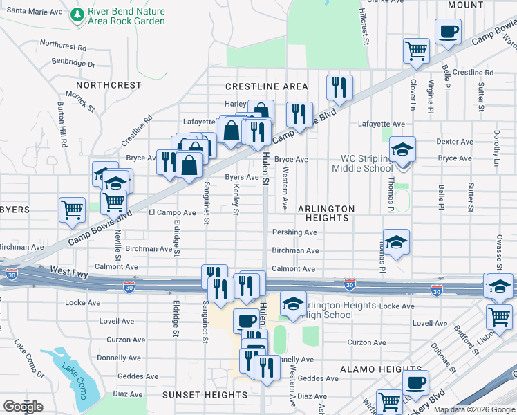 map of restaurants, bars, coffee shops, grocery stores, and more near 4606 El Campo Avenue in Fort Worth