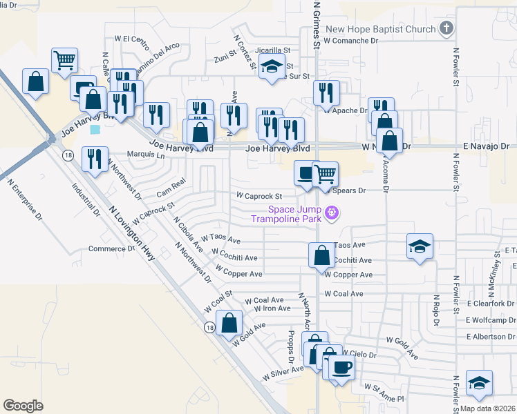 map of restaurants, bars, coffee shops, grocery stores, and more near 1110-1114 W Caprock St in Hobbs