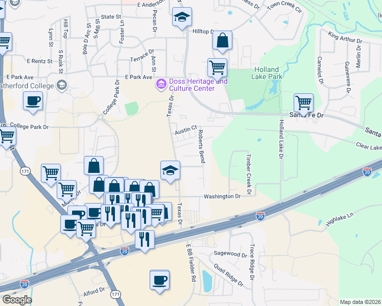 map of restaurants, bars, coffee shops, grocery stores, and more near 913 Jonathan Ct in Weatherford